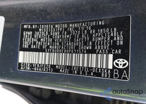 2017 Toyota Corolla Se из США, поврежденный, VIN 5YFBURHE8HP611574